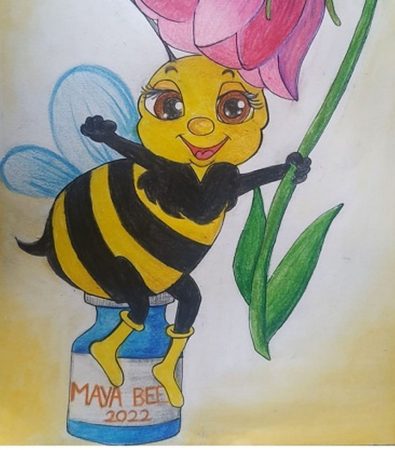 Le dessin d'Aarya Aranke, 12 ans, de l'Inde, a été choisi pour représenter Maya, mascotte de la Biennale de peinture d'enfants du Musée de Saint-Frajou.