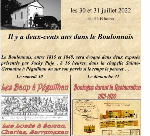 Camell'arts organise une exposition estivale tous les week-ends à la chapelle Saint Germaine de Péguilhan-Lunax, vendredi 29 juillet concert de jazz, samedi 30 et dimanche 31 conférences patrimoniales à 16h.