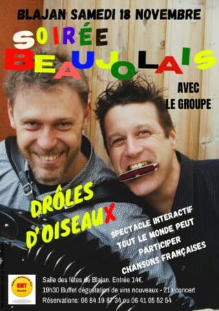 Une soirée sous le signe du beaujolais et de bonne musique avec le duo Drôle d'oiseaux, invité par Guitare et musique pour Tous.