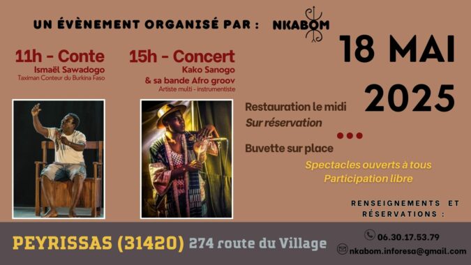 Musique et conte africains à Peyrissas, avec l'association NKABOM, pour faire la fête dimanche 18 mai.
